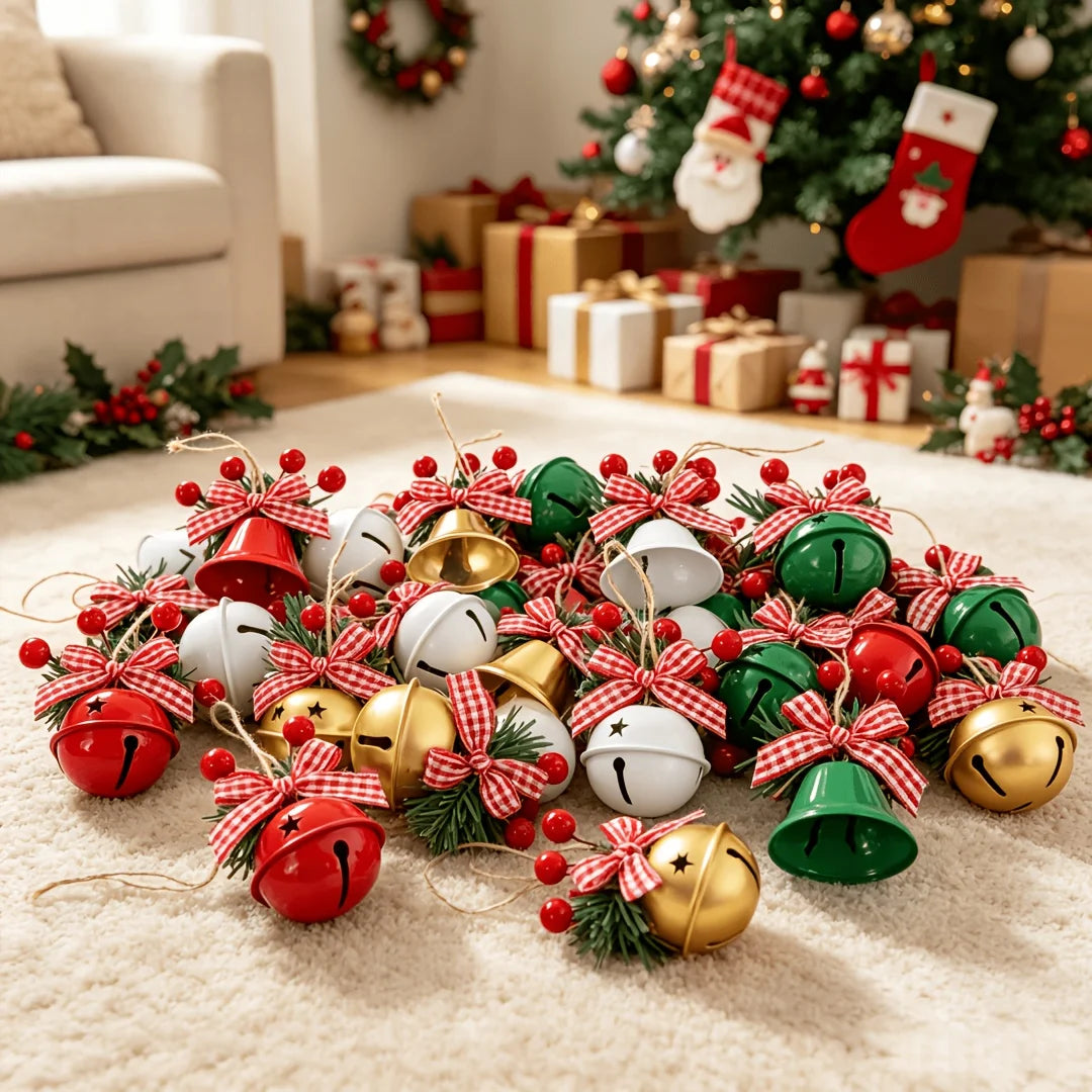 10 Pcs Christmas Bell Ornaments Red Green White Jingle Bells Hanging Decorations for Xmas Tree Wreath Gifts Party Home Decor