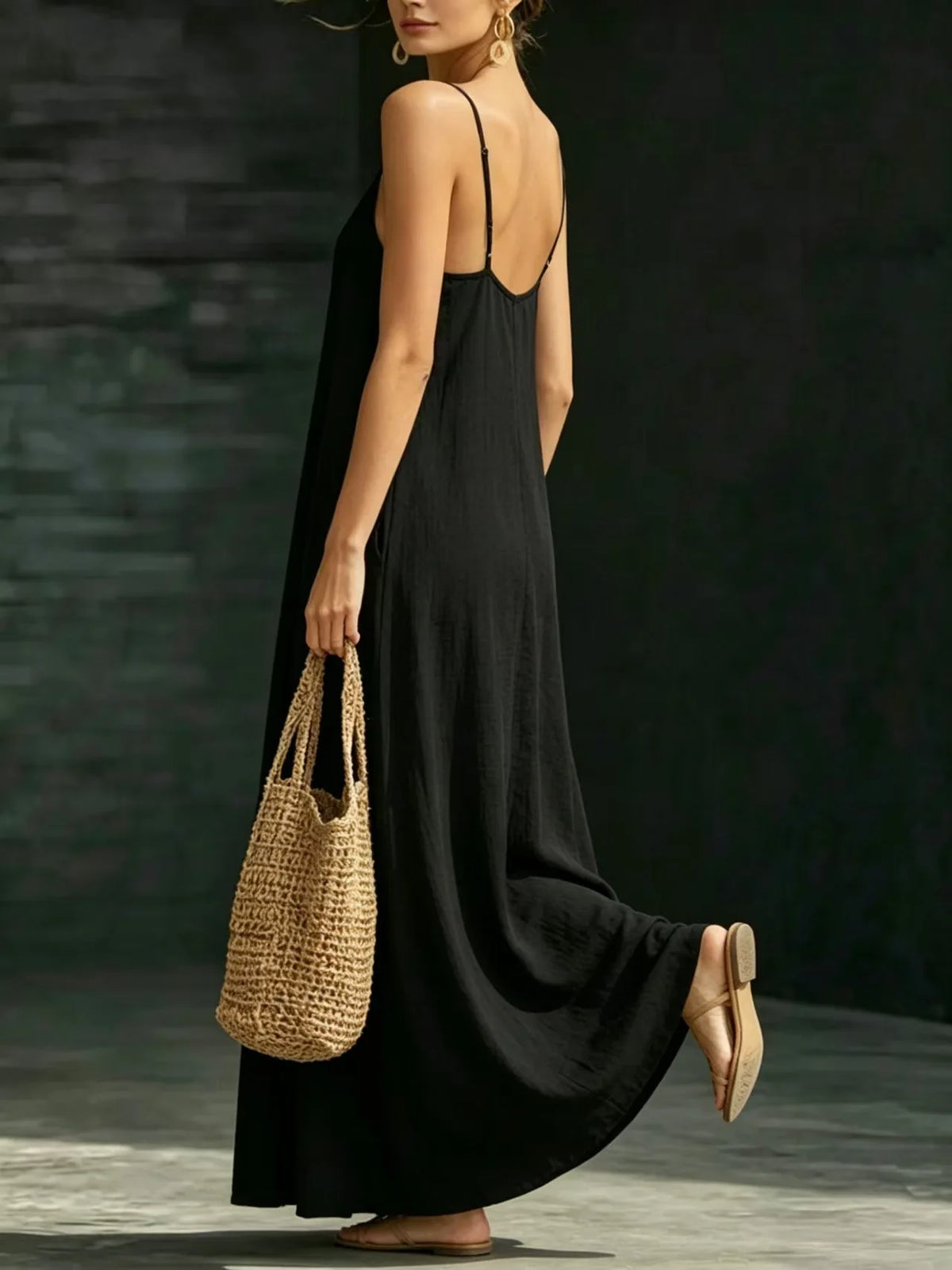Women Linen Spaghetti Strap Maxi Dress V Neck Loose Swing Long Dress With Pockets Casual Summer Beach Vacation Sundress Ladies