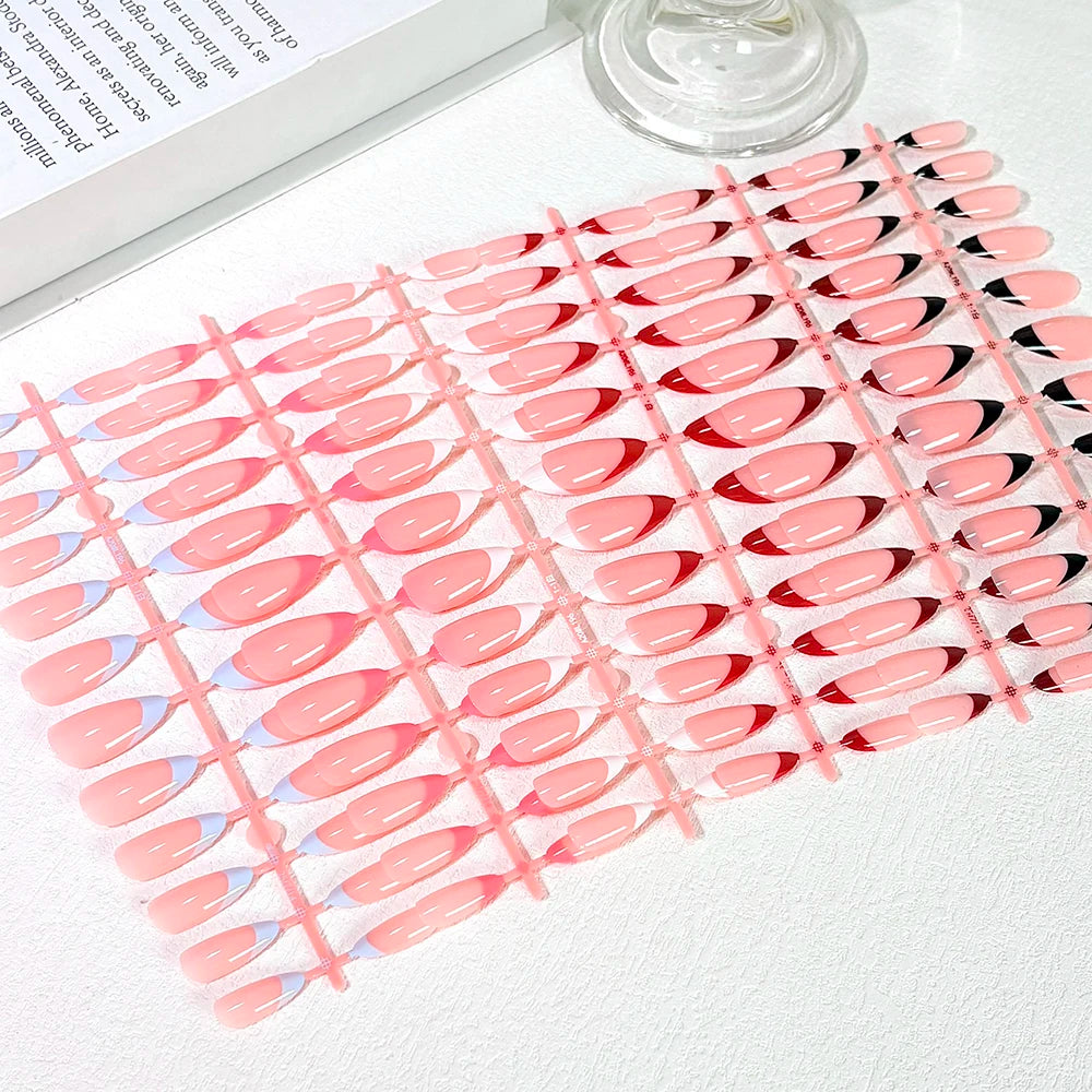 144Pcs White/Black/Red French False Nails for Women Mid-length Almond Press on Nails Acrylic Full Cover Oval Fake Nail Tips