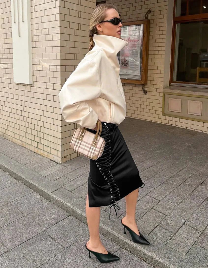Autumn Vintage Solid Satin Midi Skirts Sexy Lace Up French Black Slim Fit Split Skirts Casual High Waist Female Streetwear