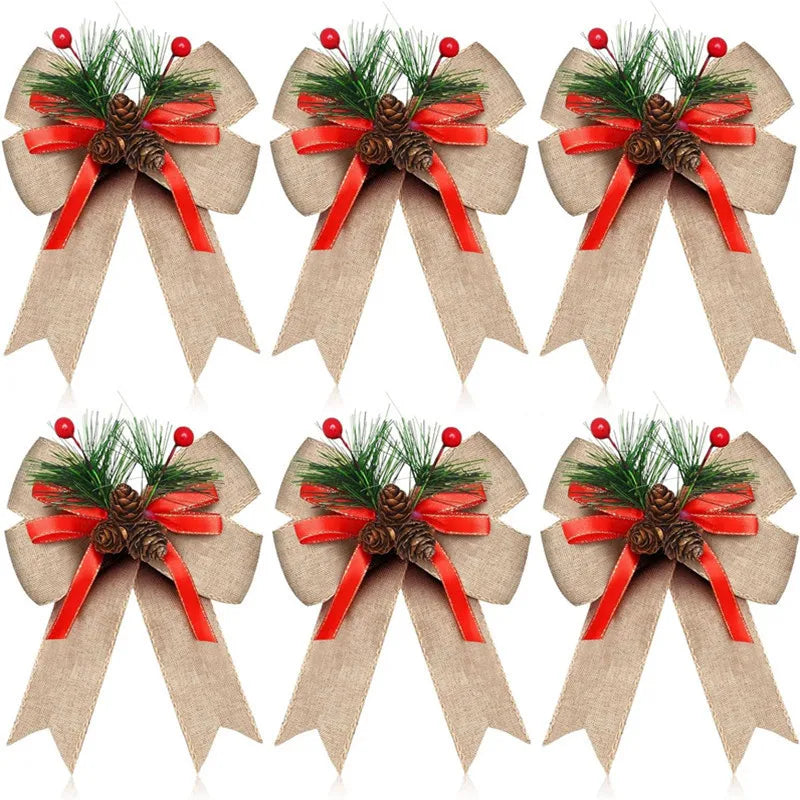 ChristmasBows Buffalo Plaid Checkered Ribbon Bow with Pine Cone Christmas Tree Decoration for Xmas Parties Trees Indoor Crafts