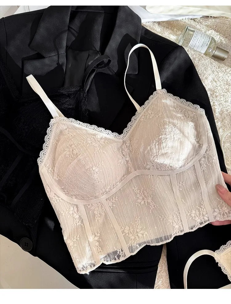 MOYISU French Lace Halter Bralette - Backless Wireless | Convertible & Removable Pads | White Comfort Bra for Daily/Evening Wear