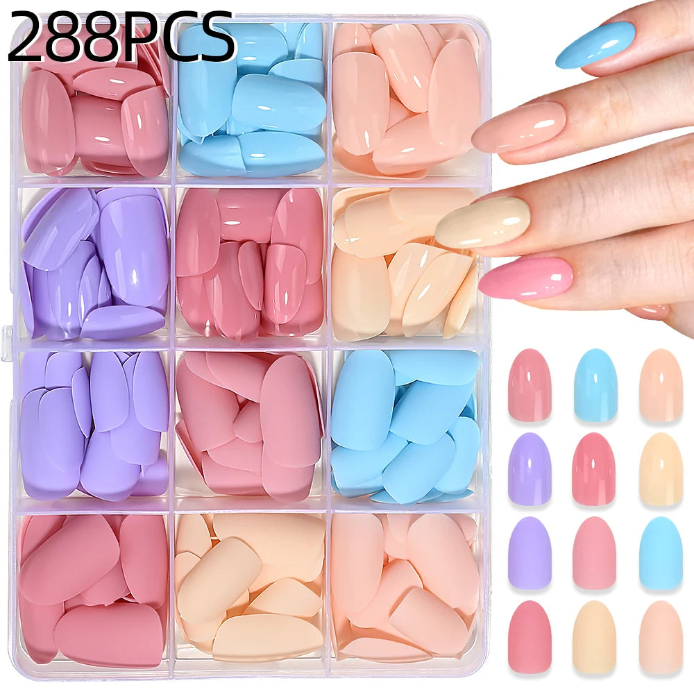 288Pcs Colorful Medium Almond False Nails Stiletto Full Cover Fake Nails Tips Extension Artificial Wearable Press On Nails