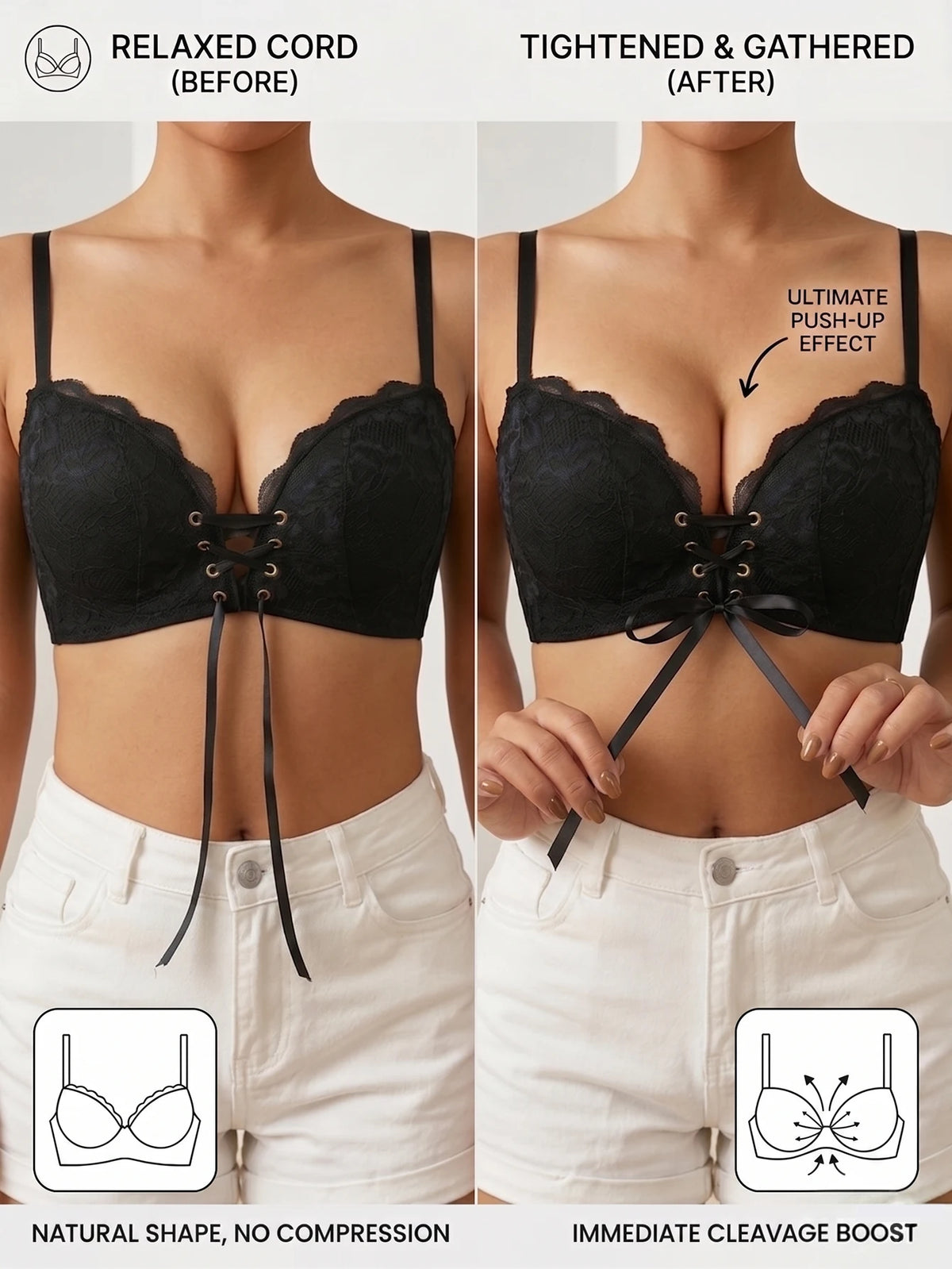 Women Lace Front Tie Push up Bra No Back Hook Seamless Bra Adjustable Straps Gather Side Fat Anti-Slip Sexy Lingerie