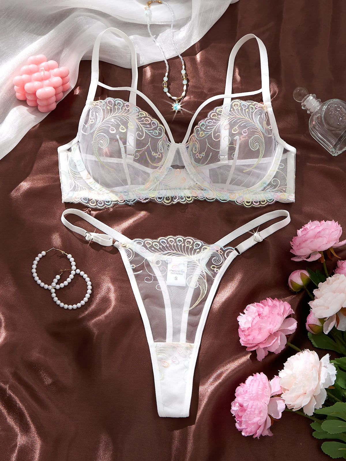 Iridescent Peacock Feather Lace Lingerie Set for Women - Sexy Sheer Mesh Push Up Bra and Thong Panty 2 Piece Underwear Sets