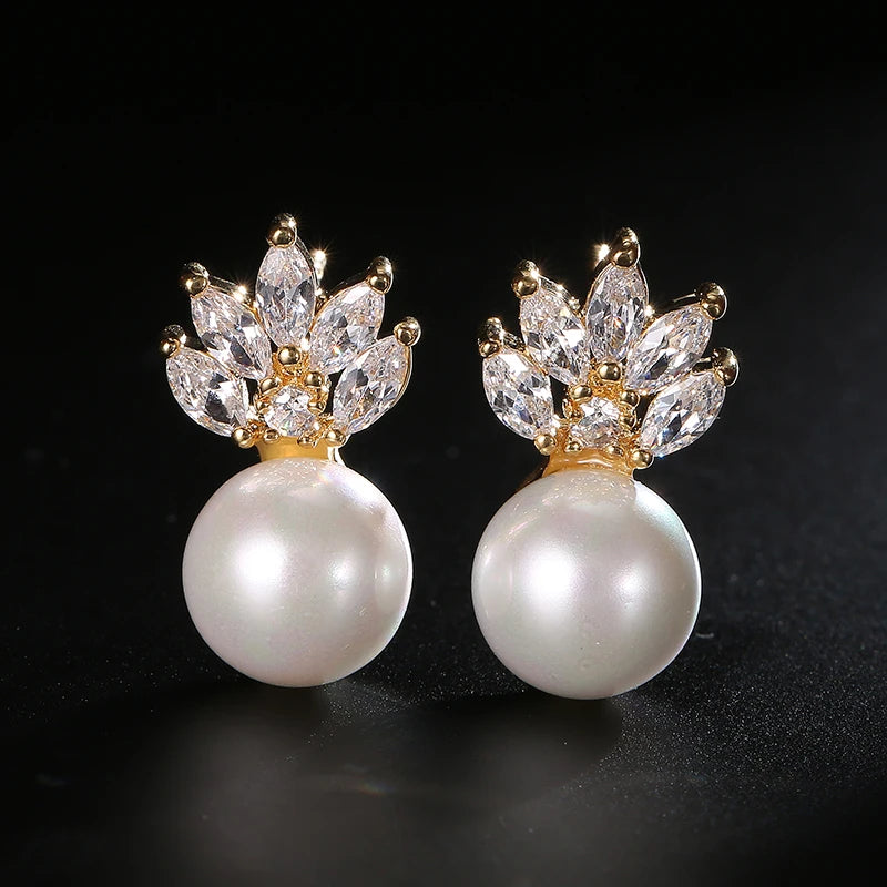 ZAKOL Temperament Imitation Pearl Flower Stud Earrings Elegant Leaf Marquise Zirconia Wedding Party Jewelry for Women
