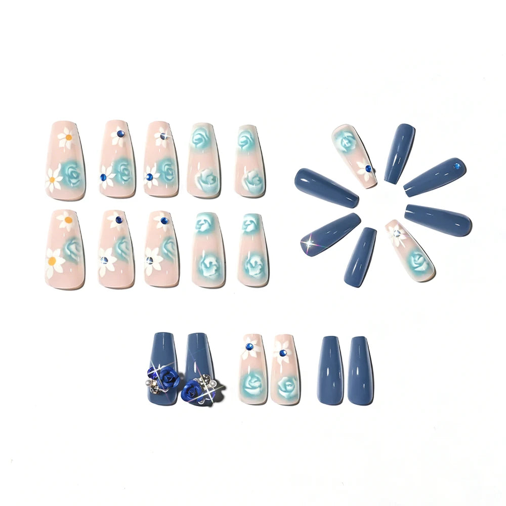 24Pcs Mid-length Ballet Fake Nails Blue Flower Design Wearable Press on Nails Women Floral Medium Square Full Cover False Nails