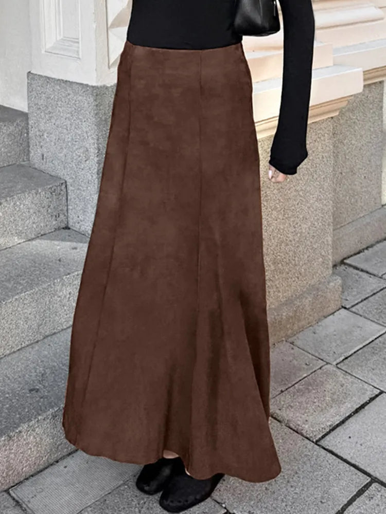 BKLD Autumn And Winter Retro New Fashionable Suede Fabric Brown Slimming High Waist Straight Skirt Casual Long Skirts For Women