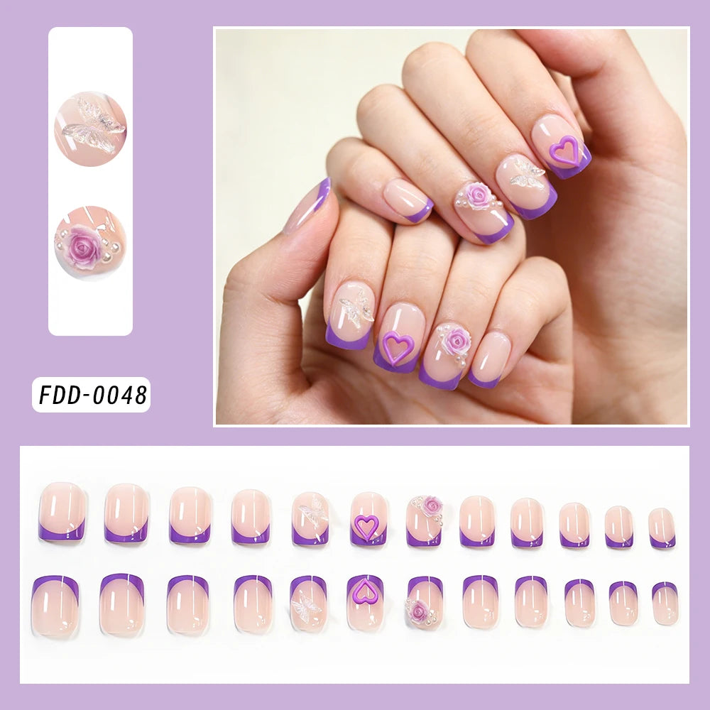 24pcs Glitter Medium Almond Full Cover Fake Nails Golden Irregular Line French False Nails with Diamond Design Press on Nails
