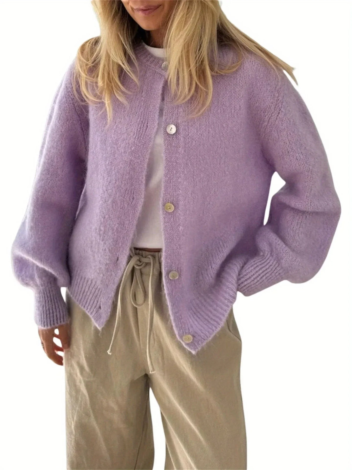 Women Mohair Knit Cardigan O Neck Elegant Lantern Long Sleeve Oversized Loose Fluffy Sweater Coat Autumn Winter Casual Knitwear