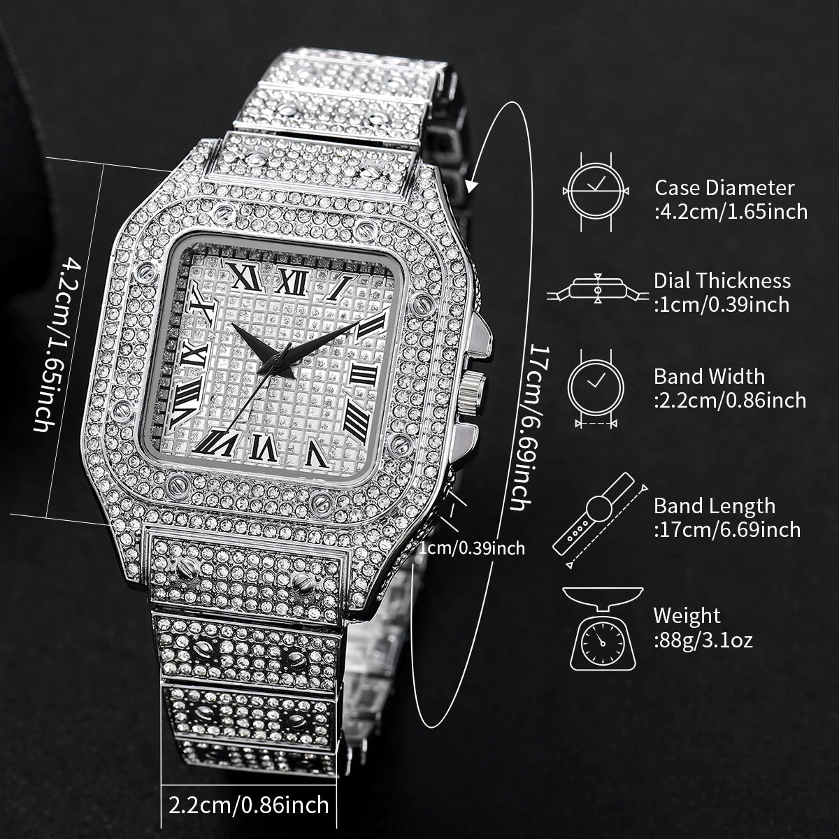 4PCS Fashion Iced Out Square Men Watch Cuban Chain Bracelet Necklaces Set Luxury Diamond Quartz Wristwatch Jewelry（Without Box）