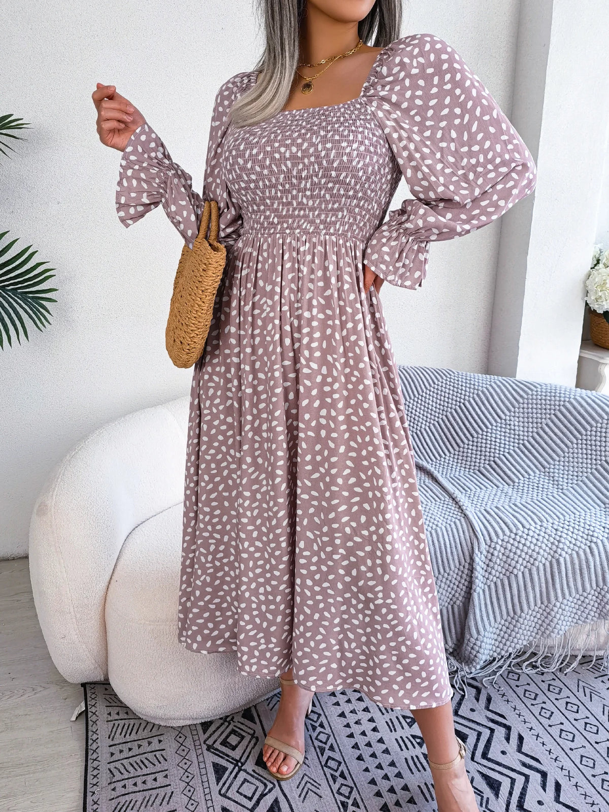 Spring Autumn Women's Elegant Polka Dot Square Neck Flare Long Sleeve Slim Waist Floral Dress Yellow Pink Red Woman Clothing