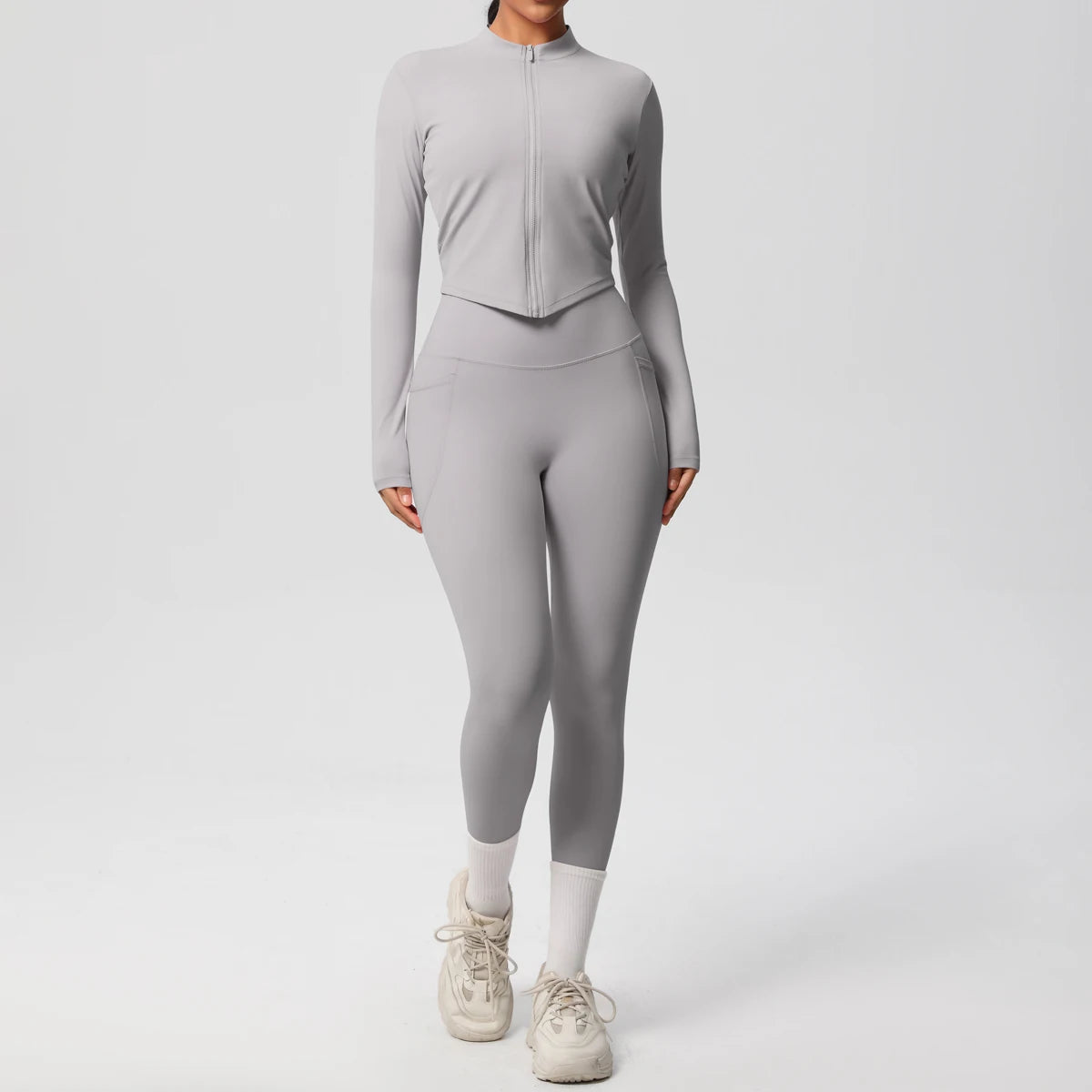 2PCS Yoga Suit Women Gym Set Leggings With Pocketed Women Tracksuit Running Zipper Workout Sportswear Long Sleeve Sports Shirt