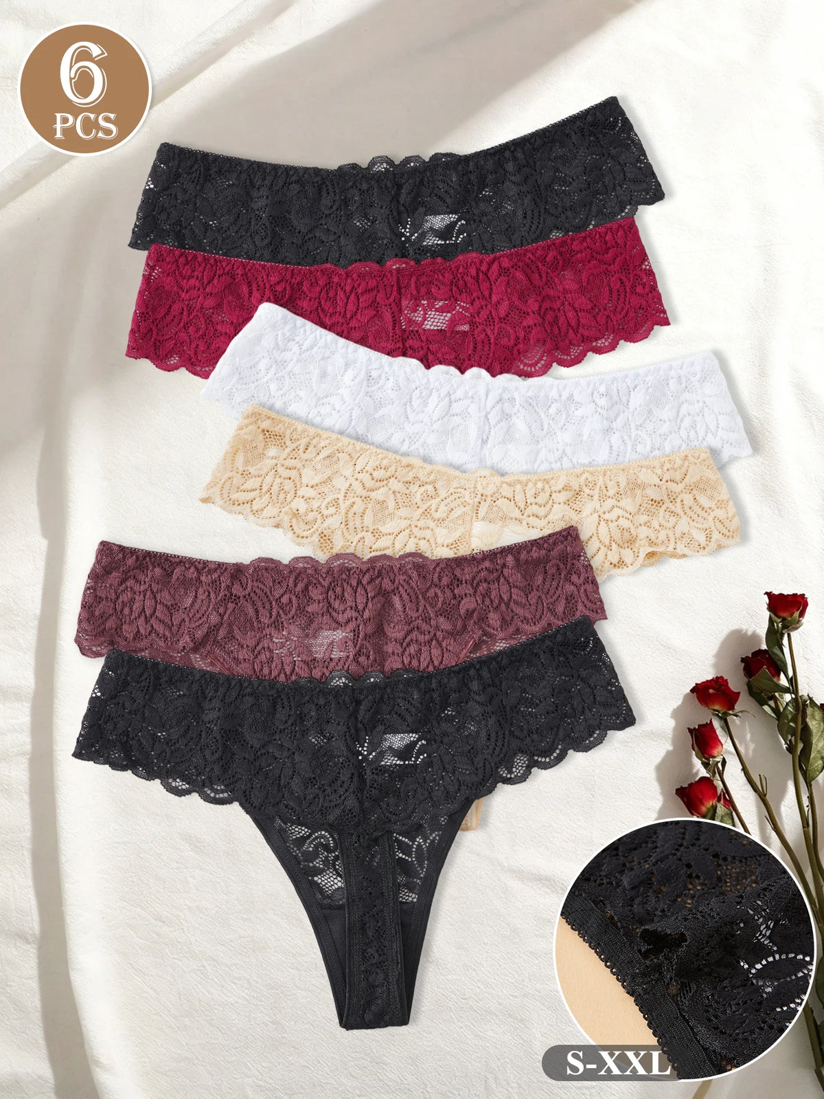 6-Pack Women's Sexy Semi-Sheer Lace Thong Soft Stretchy Low Waist Tanga Panties Floral Lace Breathable Daily Underpants S to XXL