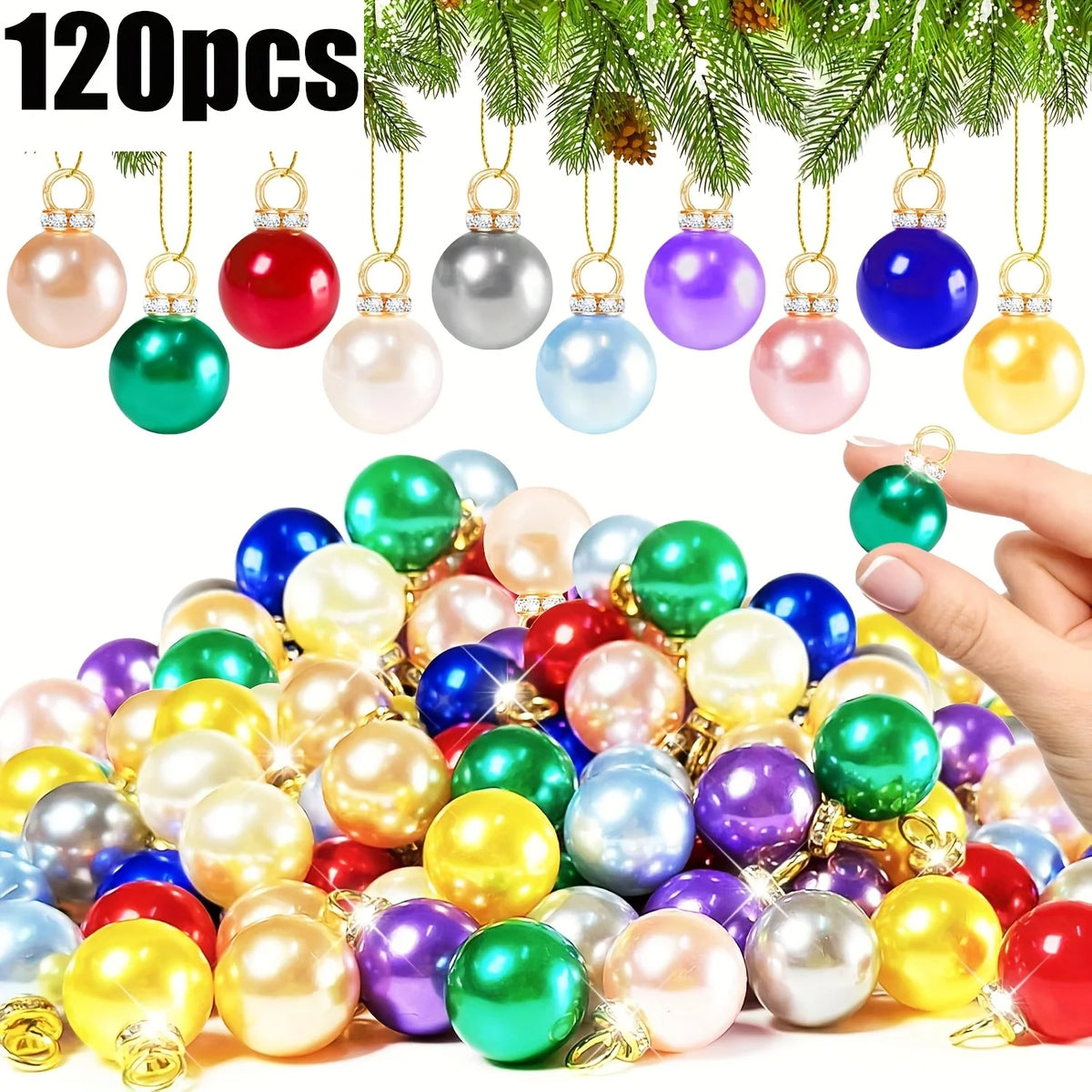 120 Pack Christmas Pearl Ornaments 12mm Faux Bead Pendants With Rhinestone For DIY Tree Garland Wreath Jewelry Decor