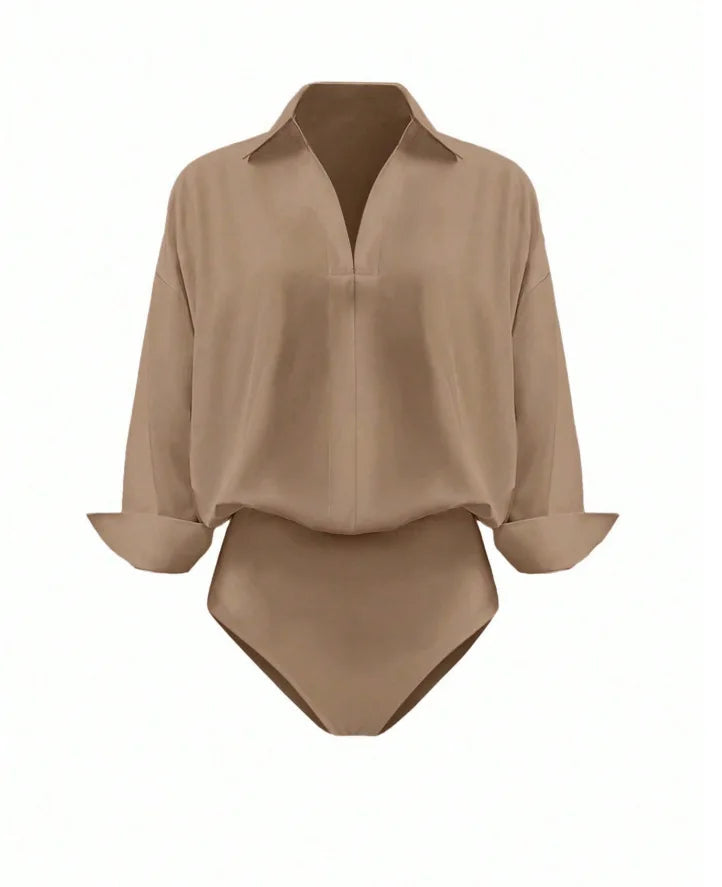 Women Shirt Bodysuit Oversized Boyfriend Half Sleeve Blouse Deep V Collar Bodysuit Shirts Elegant Office Lady Jumpsuit Top