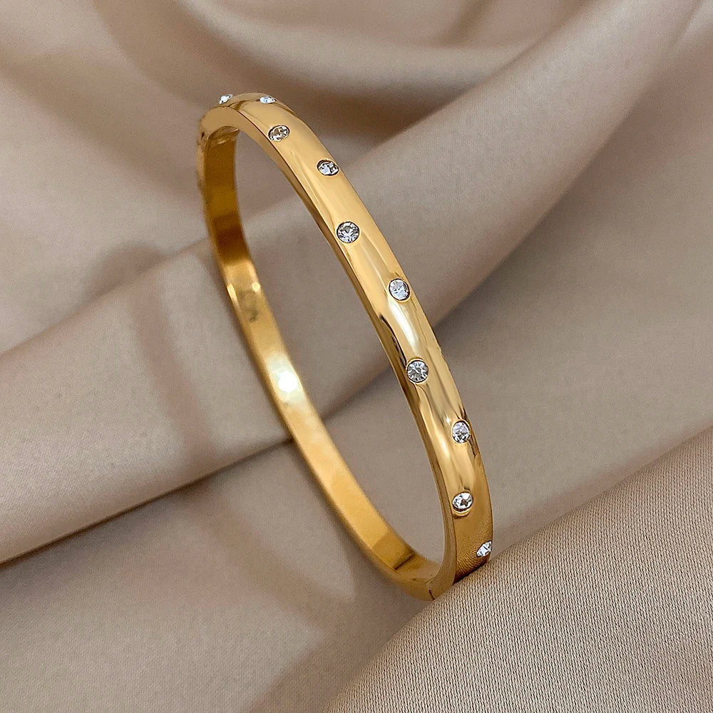 Flashbuy New Design Cubic Zircon Stainless Steel Bangles Bracelets for Women Geometric Gold Color Waterproof Fashion Jewelry