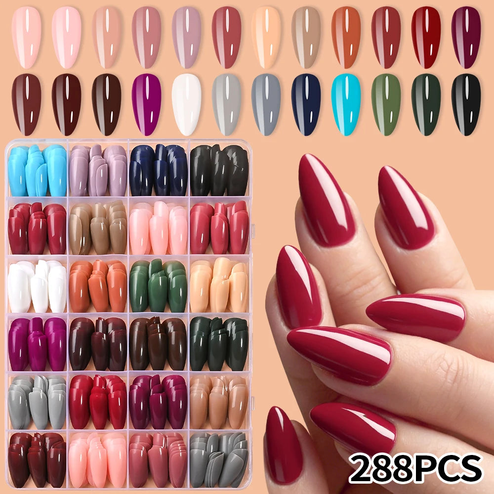 288Pcs Mixed Color Medium Almond False Nails Acrylic Full Cover Fake Nails for Women Wearable Press on Nails DIY Nail Extension