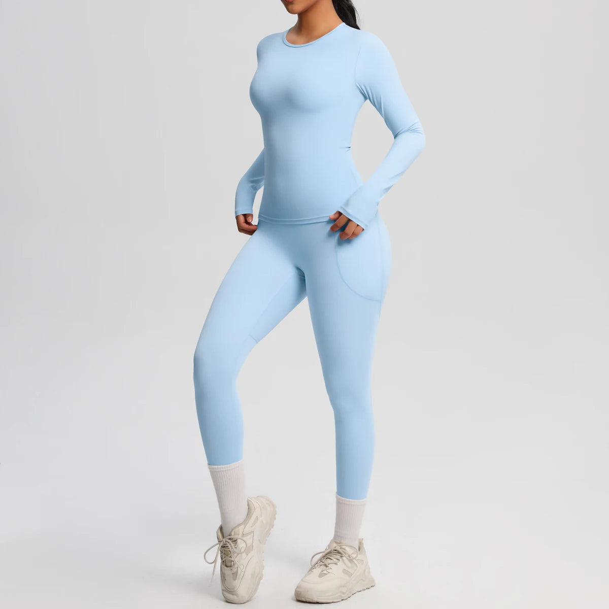 Summer 2PCS Women's Yoga Suit Solid Color High Stretch Slim Casual Long Sleeves Quick Drying Push Up Women Pockets Pants Set