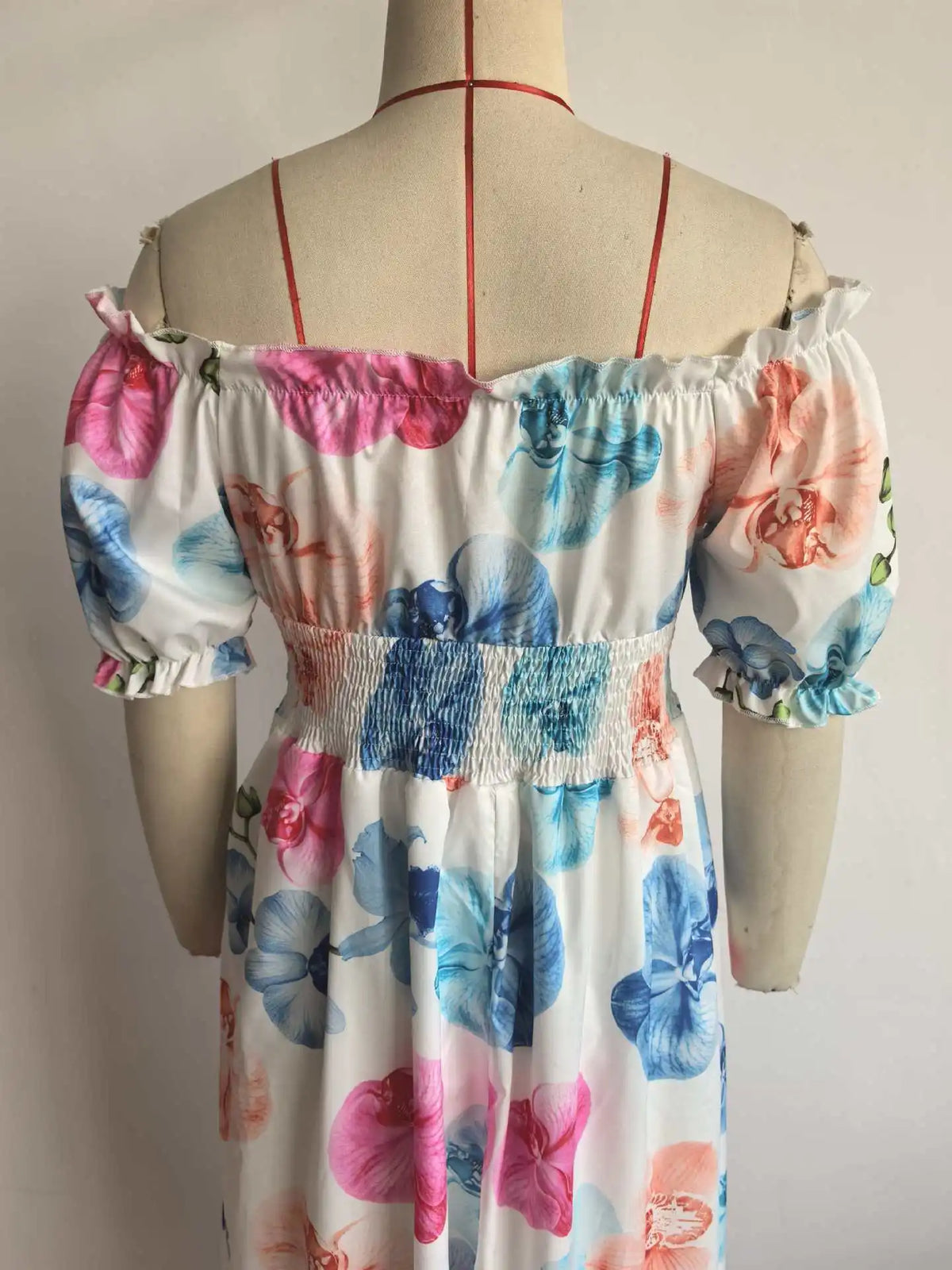 BKLD Women Clothing Summer Floral Print Dress Short Sleeve Square Collar Beach Holiday Outfits Waist Ruched Long Dresses Party