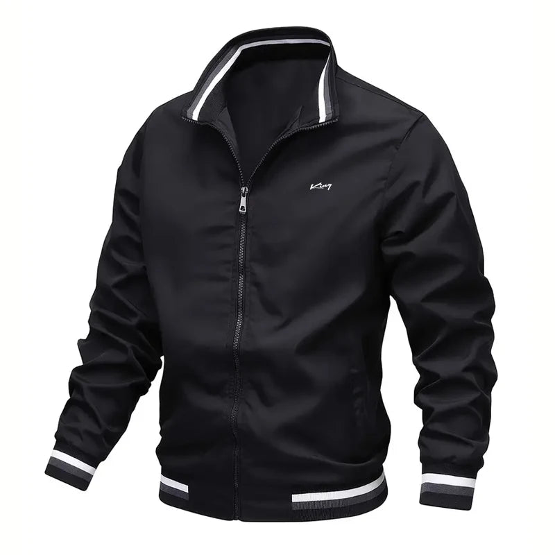 New Autumn and Winter Men's Windproof Stand Up Collar Jacket, Men's Stand Up Collar Striped Collar Casual Top No Velvet Sports F