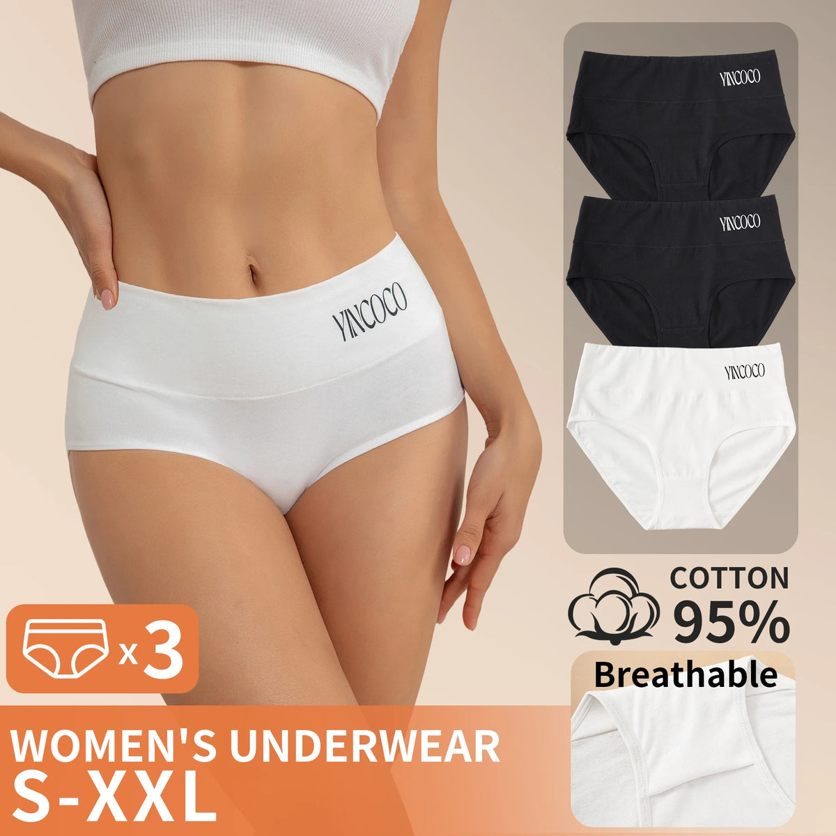 3PCS Soft Breathable Cotton Women's Briefs High Rise Letter Logo Panties Skin-Friendly Daily Ladies Underwear Black White Set