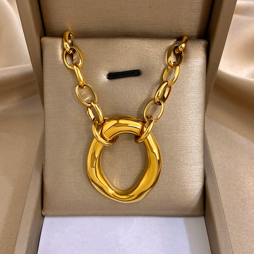 Golden 316L Stainless Steel Irregular Hollow Round Pendant Necklace for Women Statement Thick Chain High Quality Jewelry Gift