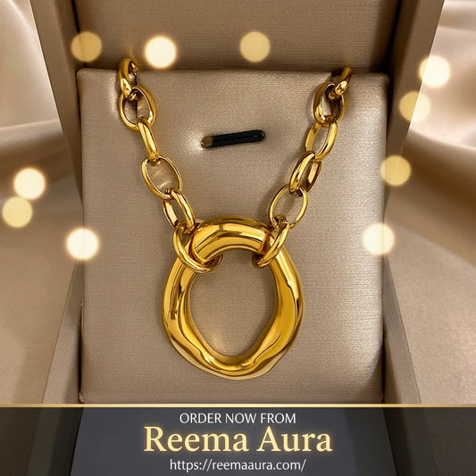 Golden 316L Stainless Steel Irregular Hollow Round Pendant Necklace for Women Statement Thick Chain High Quality Jewelry Gift