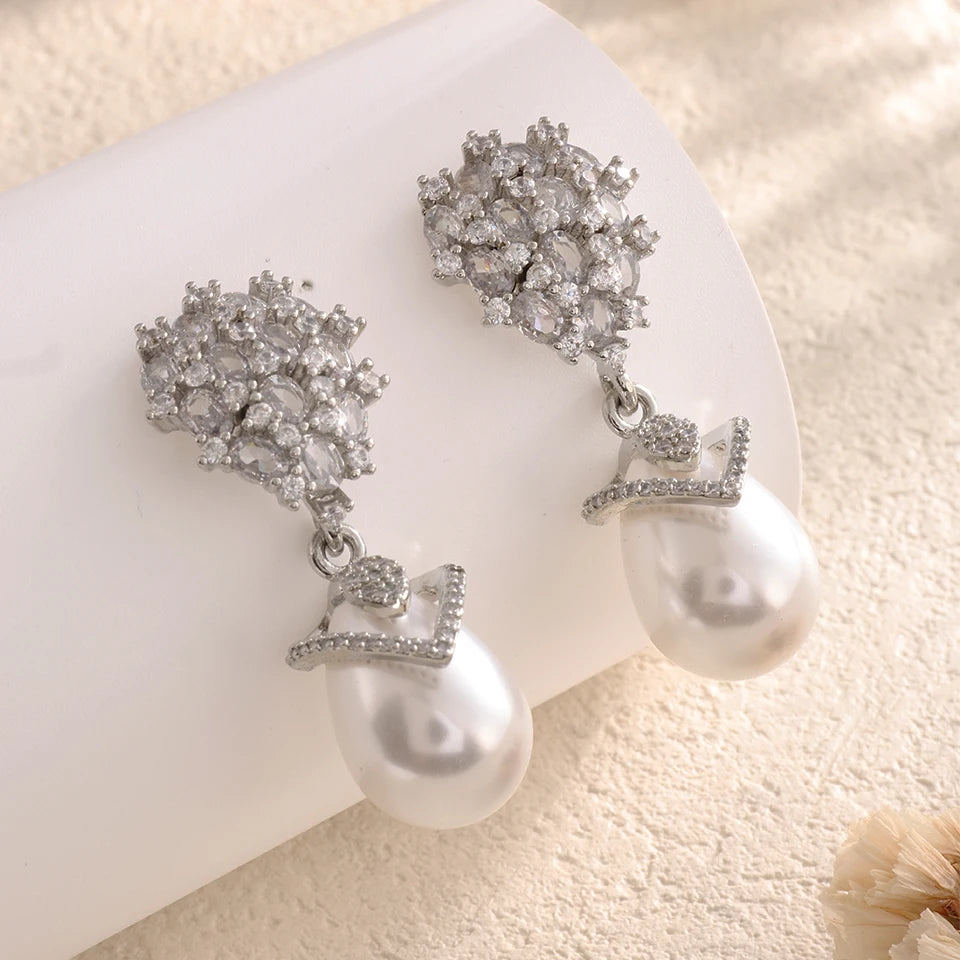 ZAKOL Luxury Big Teardrop Pearl Drop Earrings for Women Elegant Flower Shiny Zircon Wedding Party Jewelry Gift