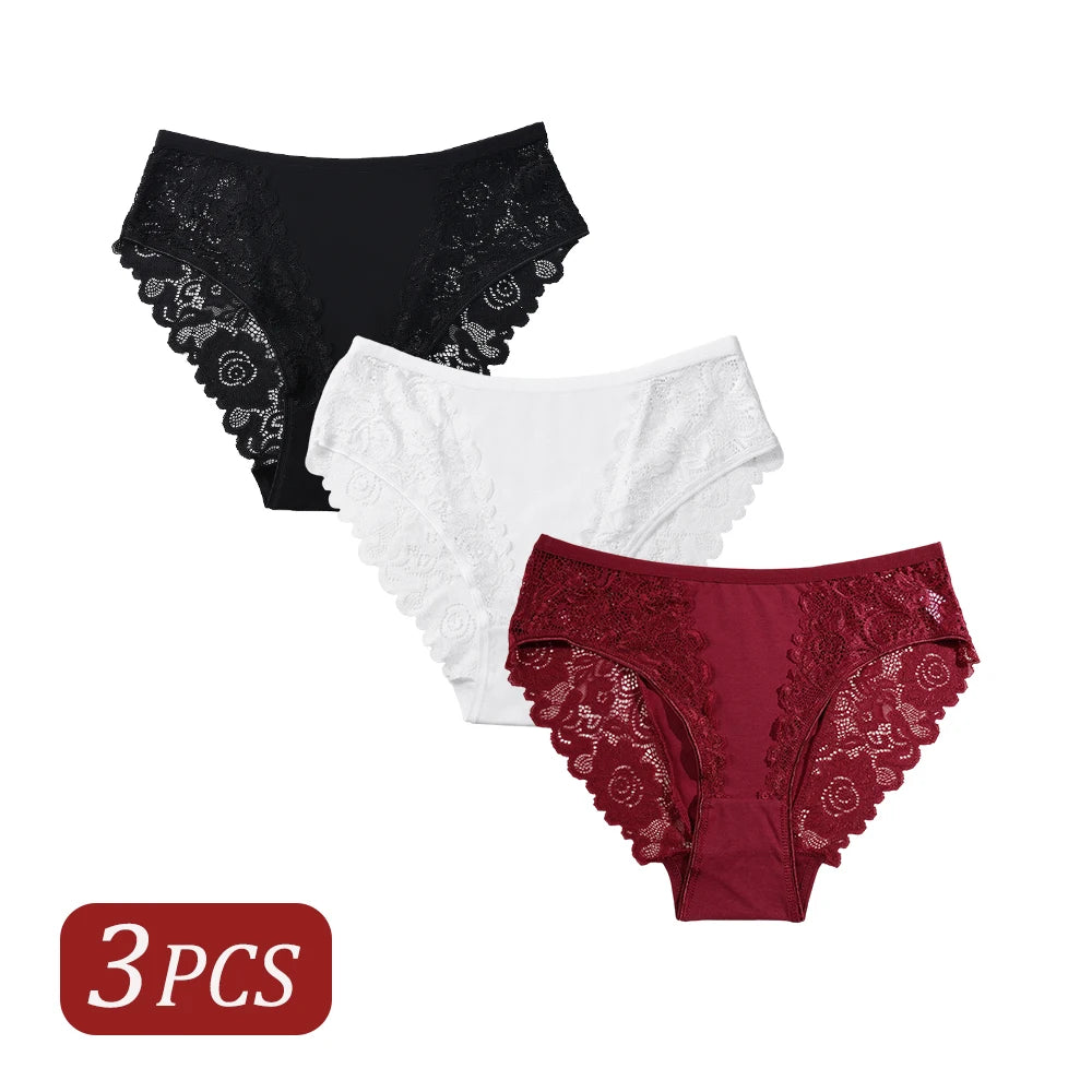 3PCS Elegant Women's Panties Sexy Lace Floral Cotton Patchwork Underwear Comfortable Breathable Solid Color Briefs Lingerie