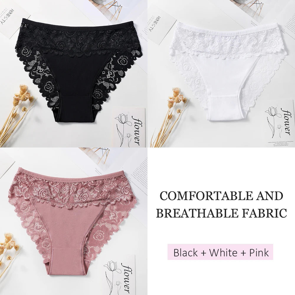 3PCS Women's Panties Sexy Hollow Out Flower Lace Cotton Splicing Briefs Comfort Lingerie Breathable Underpants Daily Wear