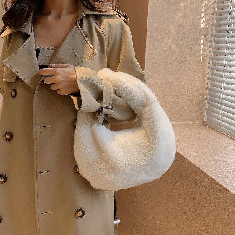 Solid Color Plush Dumpling Bag Simple Style Niche Design Faux Fur Handbag Tote Small Women's Underarm Hobo Bag