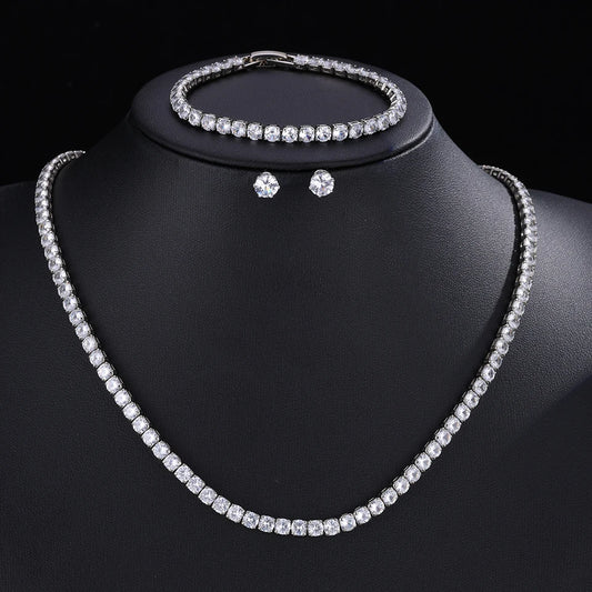 ZAKOL 3pcs/set Luxury Brilliant Zirconia Round CZ Tennis Bracelet Necklace Earrings for Women Elegant Wedding Party Jewelry Set