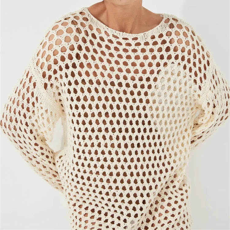 BKLD Sexy Hollow Out Knitted Tops Fashion Solid Color 2026 Summer Beach Vacation Outfits Long Sleeve Cover-Ups Women Clothing