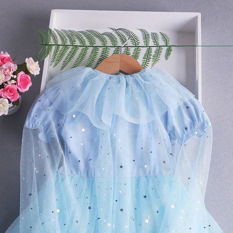 Disney Elsa Princess Dress with Cape Girls Dress Summer Kids Short Sleeve for Children's  2-8Y