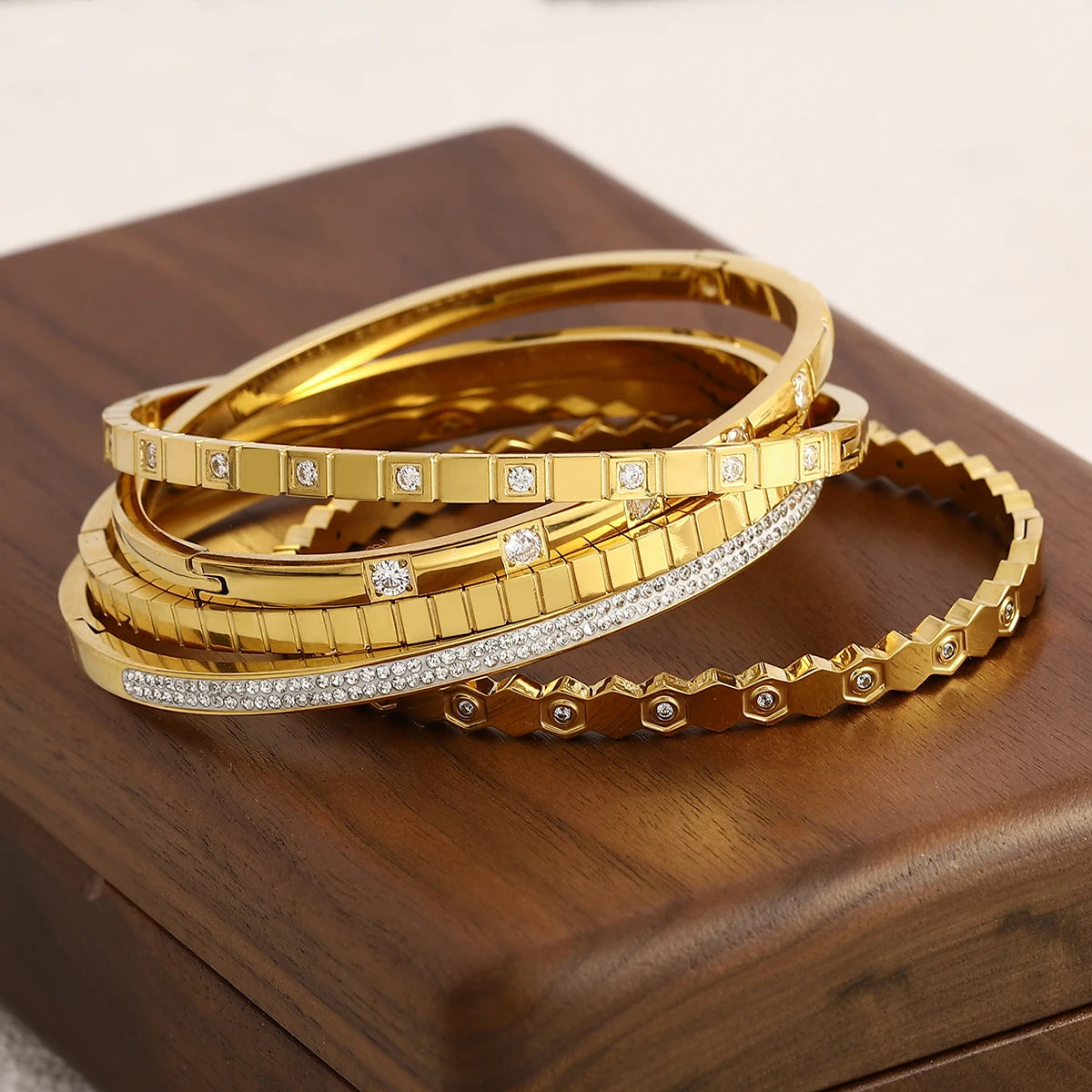 FLASHBUY Trendy Chic Gold Color Simple 316L Stainless Steel Bangles Bracelets for Women Charm Zircon Waterproof Jewelry Gift