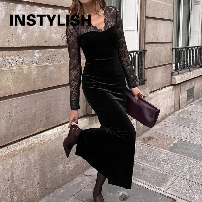 Women Velvet Maxi Dress Long Sleeve V Neck Lace Patchwork Bodycon Long Dress Elegant Evening Party Nightclub Slim Fit Dress