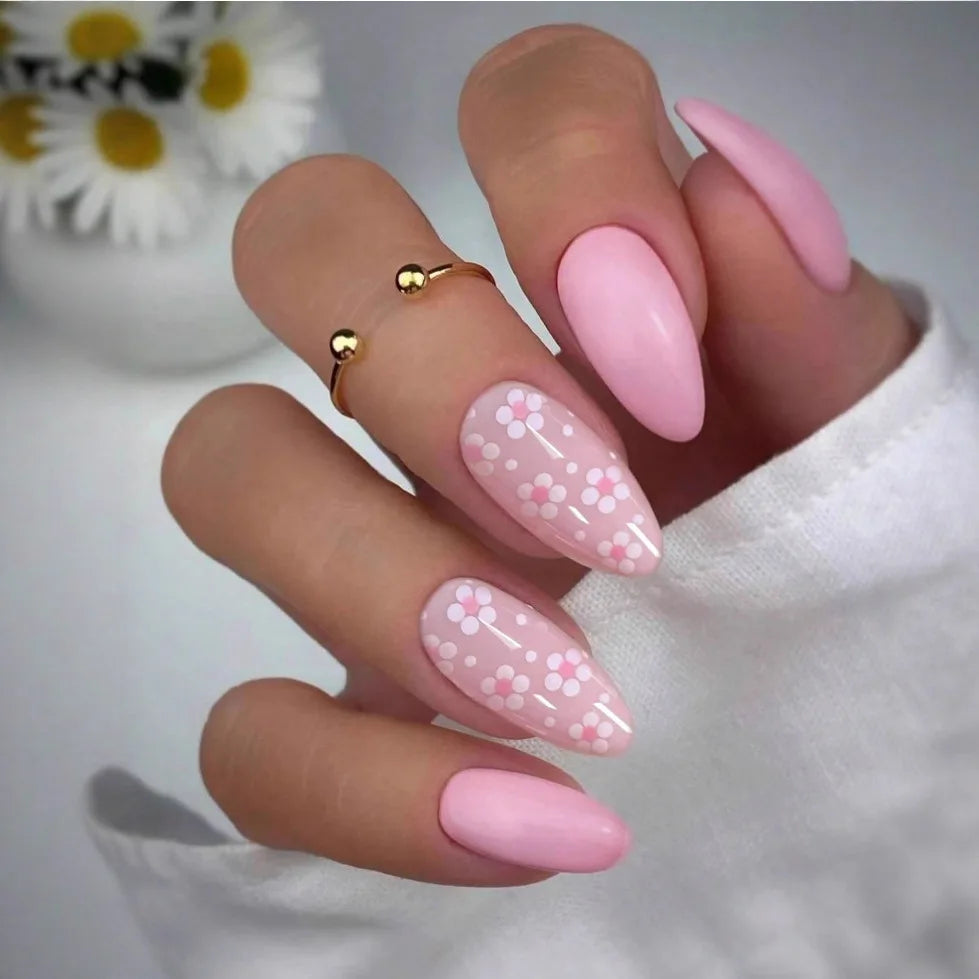 24pcs Fashion Simple Press on Fake Nails Sets Flower Leaves Pattern Full Cover Nail Tips Short Almond False Nail Fake Nails Art
