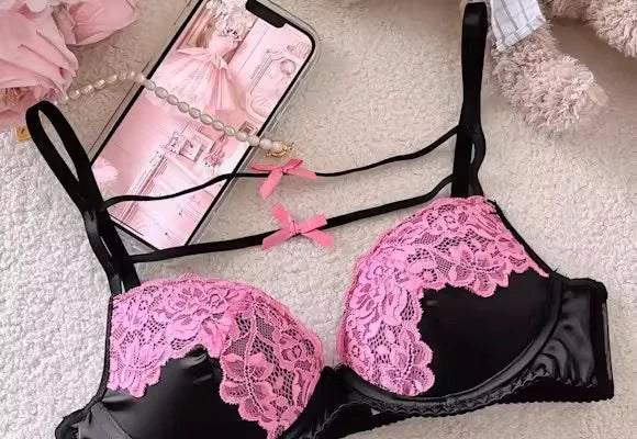 MOYISU Sweet Trap French Bow Bra Set - Wireless Push-Up for Petite Chest, Pure Seduction Lace Bralette with Elegant Ribbon Charm