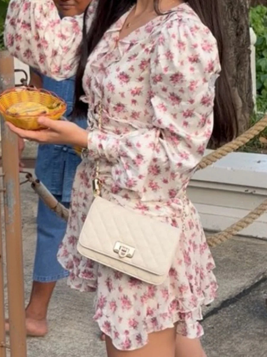 Boho Chic Floral Print Ruffle Mini Dress Women's Long Puff Sleeve V Neck Slim Fit A-line Party Dresses New Female Club Vestidos