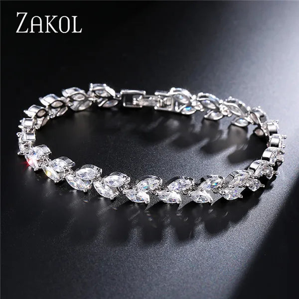 أساور ZAKOL Fashion ذات الأوراق البيضاء للنساء والرجال من الزركونيا المكعبة اللامعة بقصة الماركيز، مجوهرات لحفلات الزفاف