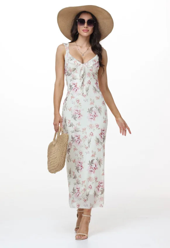 Elegant Summer Print Floral Dress Women V-neck Slim Ruffles Sleeveless Backless Long Dresses 2026 Beach Vacation Lady Vestidos
