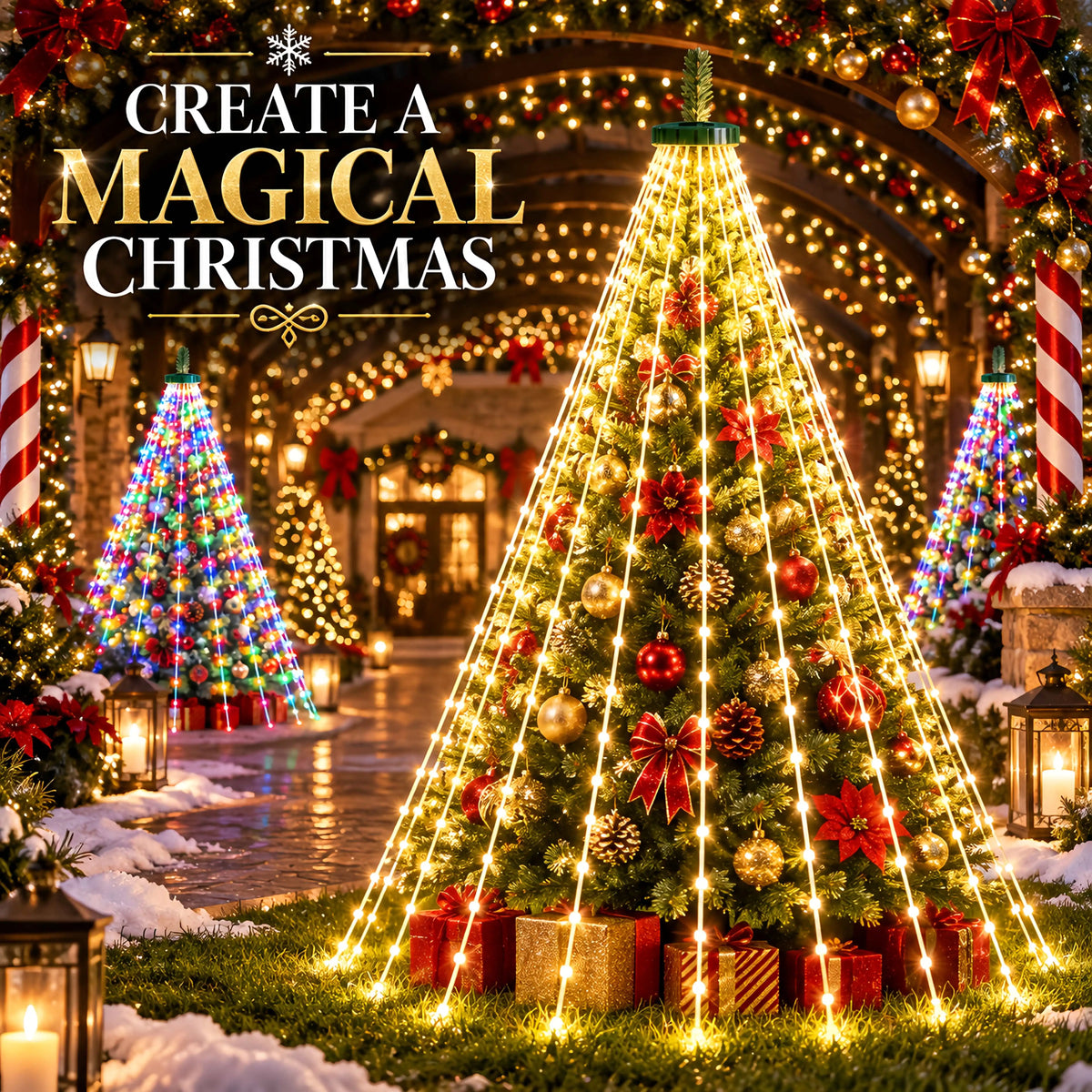 Christmas Tree Waterfall LED String Lights, Warm White Outdoor Waterproof Fairy Lights, 8 Modes Hanging Lights for Yard Garden
