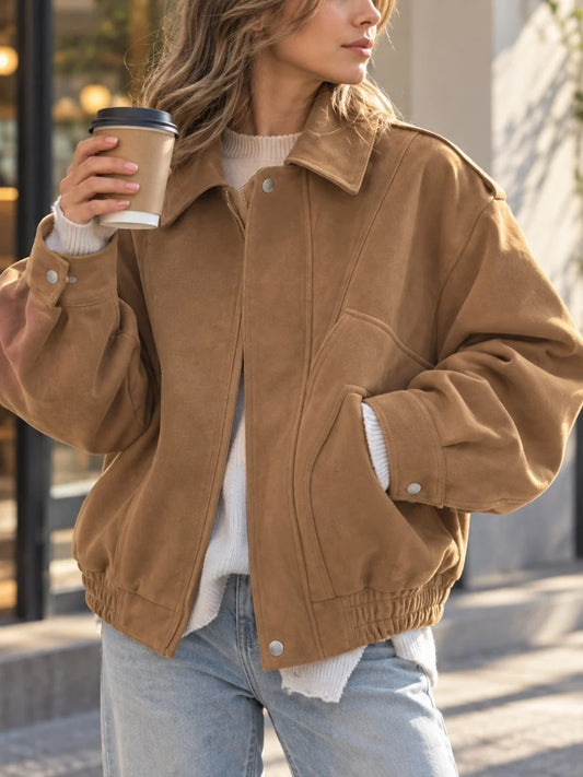 Faux Suede Vintage Bomber Jacket Solid Long Sleeve Zipper Coats Female Casual Loose Fit Y2K Streetwear Autumn Winter Outwear