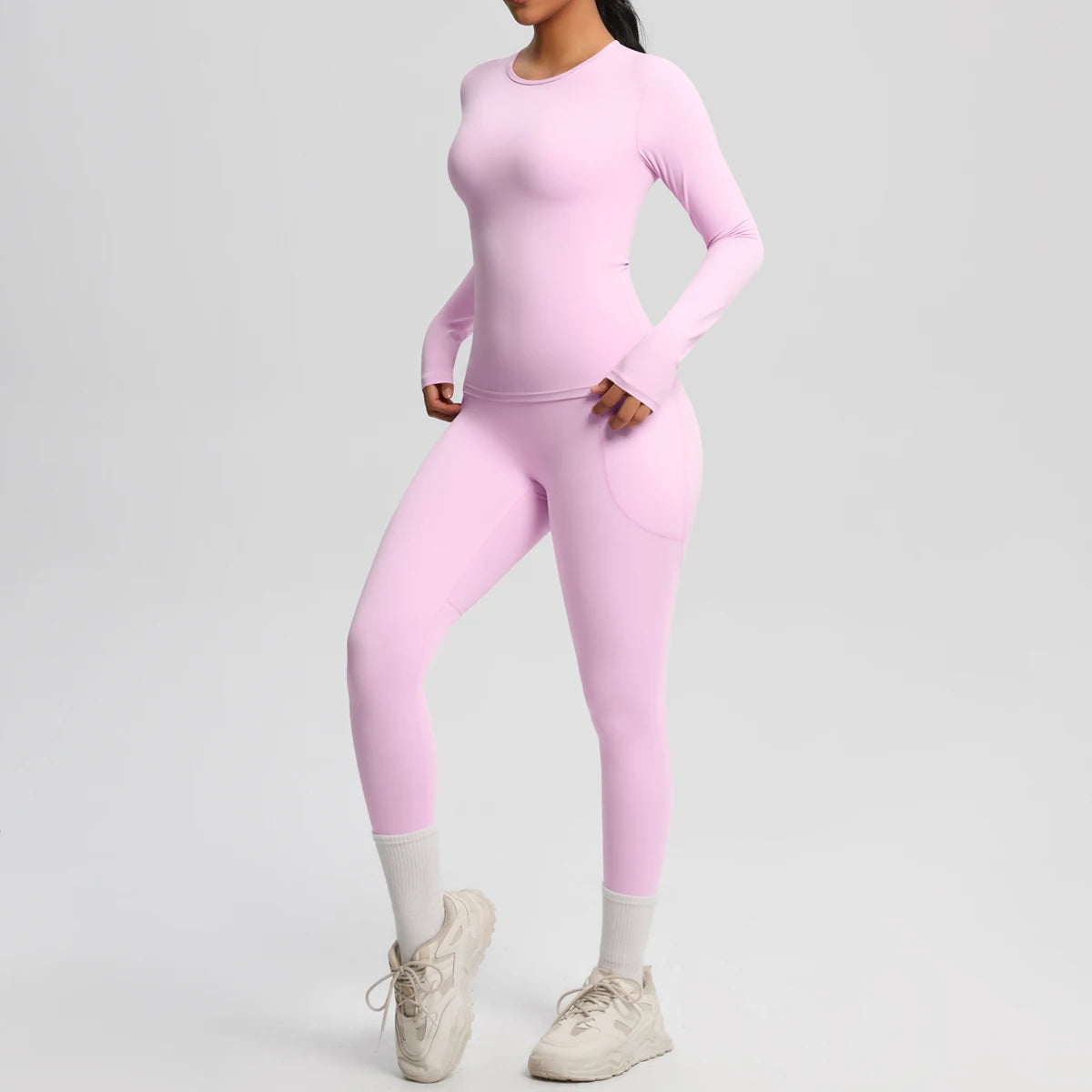 Summer 2PCS Women's Yoga Suit Solid Color High Stretch Slim Casual Long Sleeves Quick Drying Push Up Women Pockets Pants Set