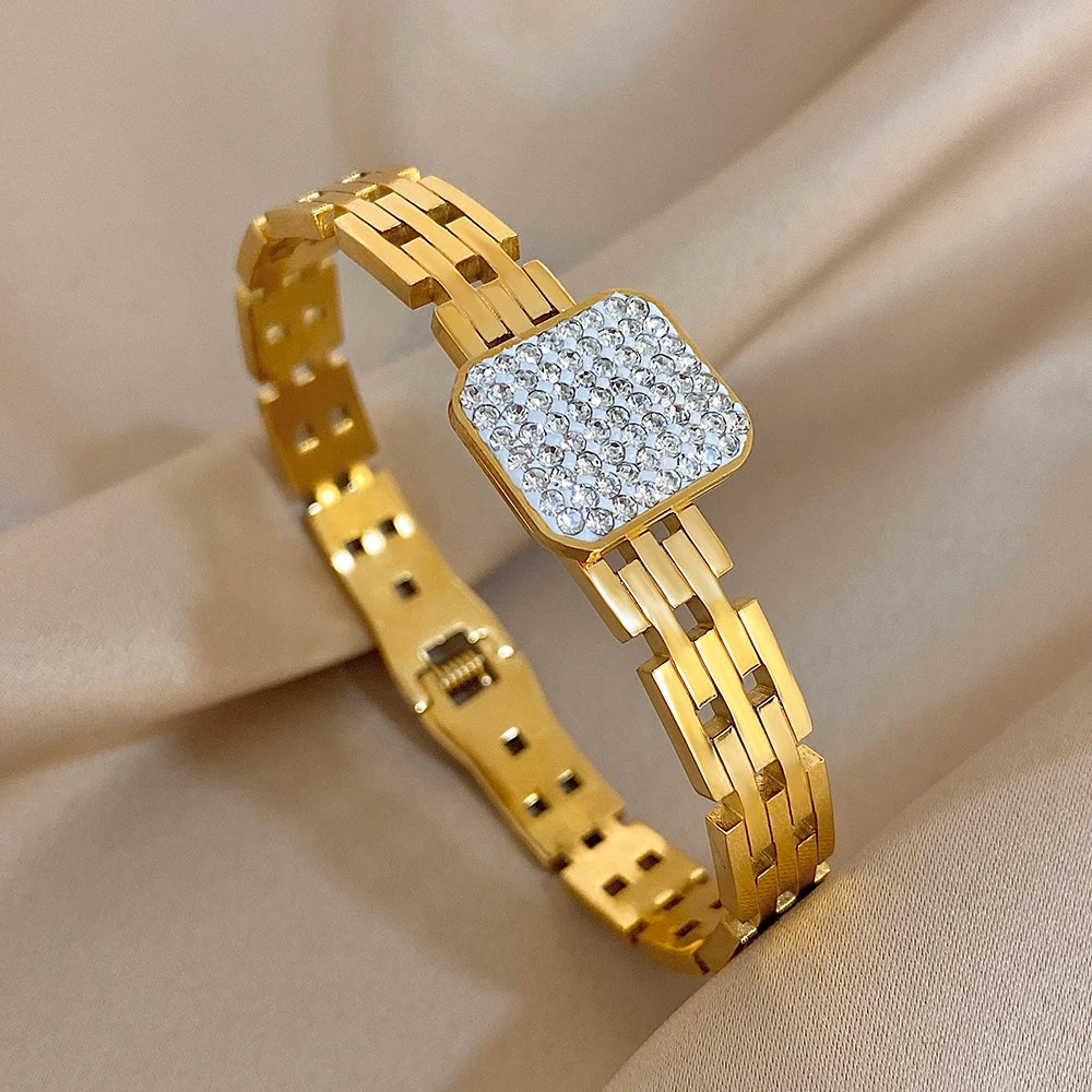 Flashbuy New Design Cubic Zircon Stainless Steel Bangles Bracelets for Women Geometric Gold Color Waterproof Fashion Jewelry