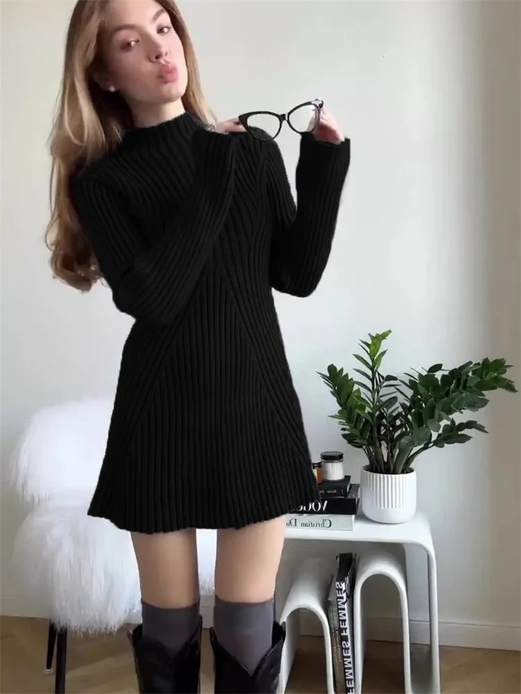 BKLD Women Clothing 2026 Long Sleeve Slim Fitted Knitted Dress Half High Collar Solid Color Short Autumn Winter Sweater Dress