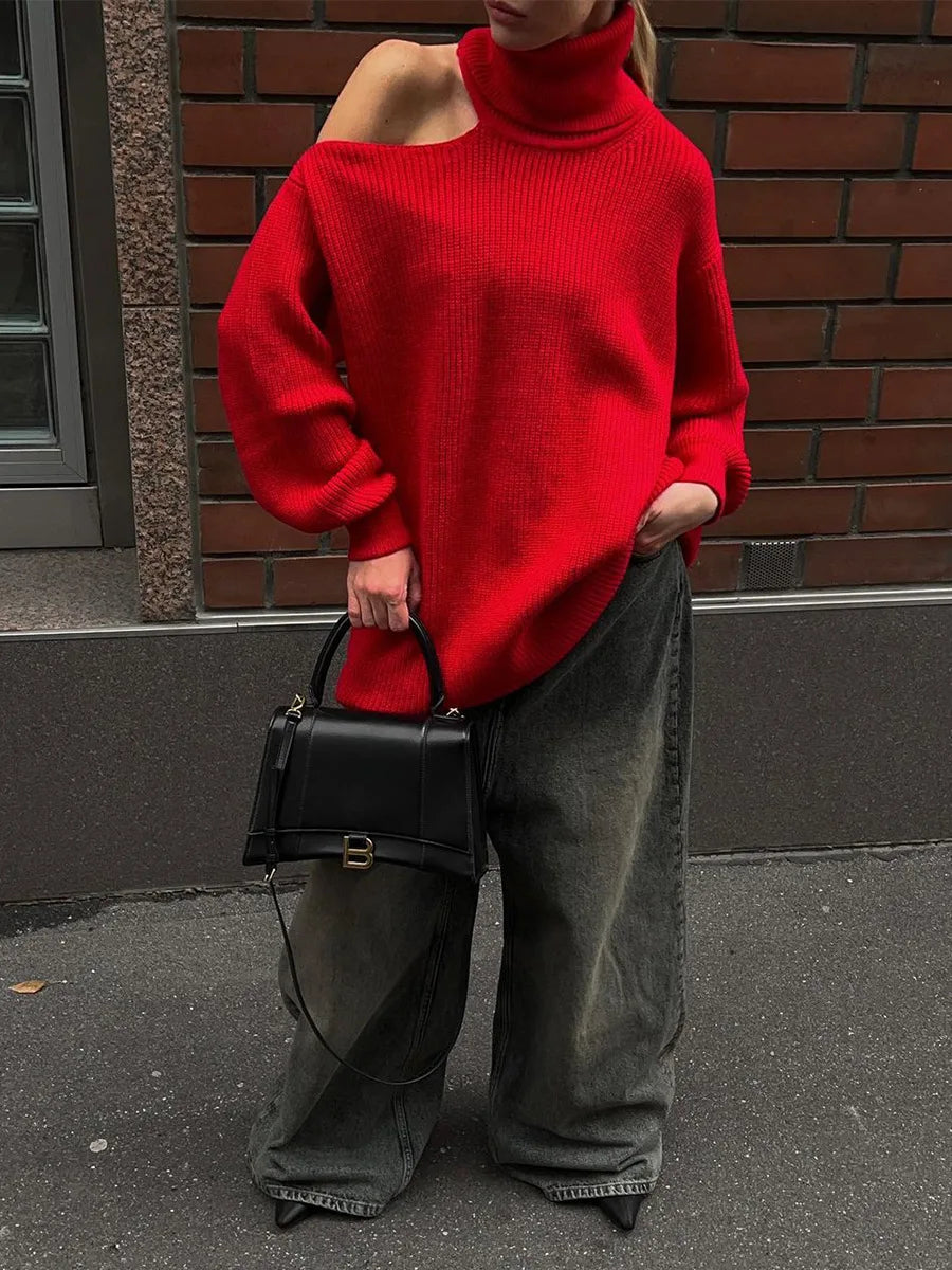 Women New Turtleneck Cutout Shoulder Pullover Long Sleeve Ribbed Knit Trendy Loose Fit Sweater Autumn Winter Fashion Streetwear