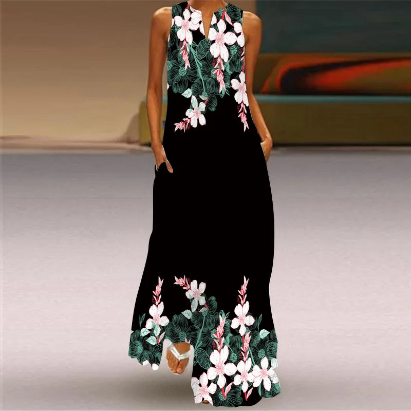 Summer Retro V-Neck Sleeveless Maxi Dress – Loose Artistic Print
