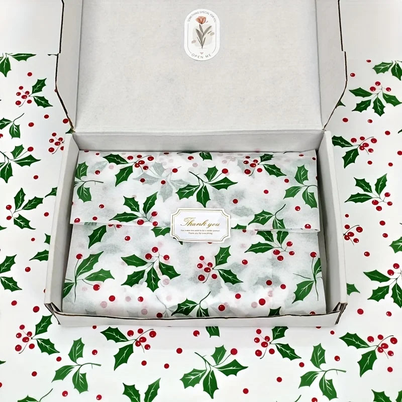 50Pcs Christmas Bouquet Paper New Christmas Tree Pattern Paper Santa Claus Wrapping Paper High Quality Holly Berry Gift Wrap